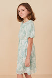 GY8078 Green Girls Floral Textured Printed Mesh Puff Sleeve Dress