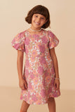 GY8092 Coral Girls Floral Print Puff Sleeve Jacquard Dress Front