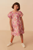 GY8092 Coral Girls Floral Print Puff Sleeve Jacquard Dress Front 2