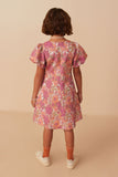 GY8092 Coral Girls Floral Print Puff Sleeve Jacquard Dress Back