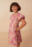 GY8092 Coral Girls Floral Print Puff Sleeve Jacquard Dress Side