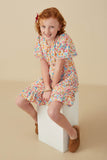 GY8096 Pink Girls Ditsy Floral Ruffle Tiered Button Dress Pose