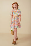 GY8096 Pink Girls Ditsy Floral Ruffle Tiered Button Dress Pose 2