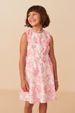 GY8111 PINK Girls Tonal Floral Print Smocked Waist Lace Trim Dress Front