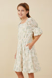 GY8130 Cream Girls Floral Printed Mesh Puff Sleeve Dress Pose