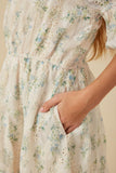 GY8130 Cream Girls Floral Printed Mesh Puff Sleeve Dress Detail