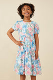 GY8138 Blue Mix Girls Tropical Floral Short Sleeve Tiered Dress Front