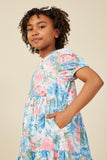 GY8138 Blue Mix Girls Tropical Floral Short Sleeve Tiered Dress Pose