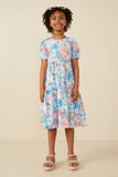 GY8138 Blue Mix Girls Tropical Floral Short Sleeve Tiered Dress Front 2