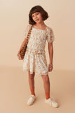 Girls Floral Printed Eyelet Full Smocked Puff Sleeve Top Full Body