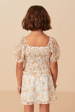 Girls Floral Printed Eyelet Full Smocked Puff Sleeve Top Back