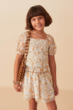 Girls Floral Printed Eyelet Full Smocked Puff Sleeve Top Pose