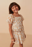 Girls Floral Printed Eyelet Full Smocked Puff Sleeve Top Side