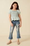 GY8149 MINT Girls Ruffle Detail Smocked Floral Embroidered Top Full Body