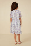 GY8162 Lavender Girls Floral Printed Mesh Puff Sleeve Tiered Dress Back