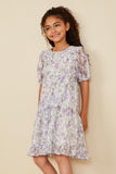 GY8162 Lavender Girls Floral Printed Mesh Puff Sleeve Tiered Dress Front 2