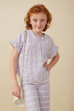 GY8164 Lavender Girls Ruffle Detail Stretch Floral Lace Top Front