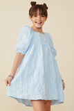 GY8166 Blue Girls Ruffled Mesh Square Neck Dress Front