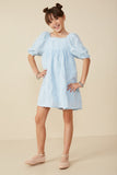 GY8166 Blue Girls Ruffled Mesh Square Neck Dress Full Body