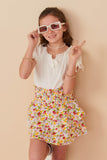 GY8176 Off White Girls Floral Textured Smocked Waist Layered Skirt Pose