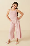 GY8186 Blush Girls Smocked Strappy Marled Knit Jumpsuit Front