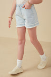 GY8280 Light_Denim Girls Fray Detail Illusion Hem Denim Shorts Side