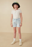 GY8280 Light_Denim Girls Fray Detail Illusion Hem Denim Shorts Full Body