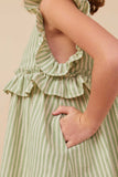 GY8289 Sage Girls Linen Like Striped Button Detail Ruffled Dress Side