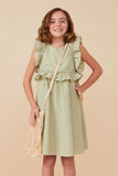 GY8289 Sage Girls Linen Like Striped Button Detail Ruffled Dress Pose