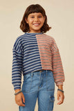 GY8294 Navy Girls Fabric Blocked Striped Terry Knit Top Front