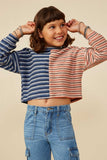 GY8294 Navy Girls Fabric Blocked Striped Terry Knit Top Pose