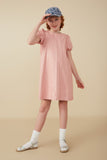 GY8306 Blush Girls Puff Sleeve Pleat Detail Vegan Leather Dress Front 2