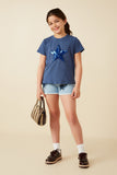 GY8313 Light Denim Girls Distressed Star Patch Frayed Denim Shorts Full Body