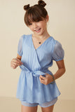 GY8328 Blue Girls Belted Surplice Peplum Layer Organza Romper Front