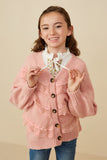 GY8343 PINK Girls Lace Frilled Buttoned Sweater Cardigan Front