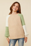 GY8347 Taupe Mix Girls Asymmetric Color Block Pullover Sweater Front