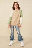 GY8347 Taupe Mix Girls Asymmetric Color Block Pullover Sweater Pose