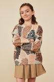 GY8348 Taupe Girls Fuzzy Textured Abstract Leopard Sweater Front