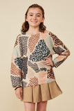 GY8348 Taupe Girls Fuzzy Textured Abstract Leopard Sweater Front 2