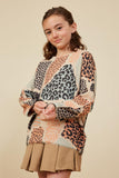 GY8348 Taupe Girls Fuzzy Textured Abstract Leopard Sweater Side 2