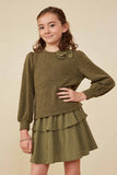 GY8356 Olive Girls Contrast Plaid Bow Textured Knit Top Front