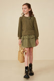 GY8356 Olive Girls Contrast Plaid Bow Textured Knit Top Pose