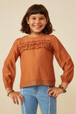 GY8371 Camel Girls Ruffle Detail Puff Sleeve Textured Top Front