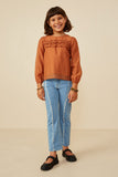 GY8371 Camel Girls Ruffle Detail Puff Sleeve Textured Top Pose