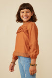 GY8371 Camel Girls Ruffle Detail Puff Sleeve Textured Top Side