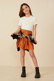 GY8395 Rust Girls Elastic Waist Metallic Pleated Skirt Pose 2