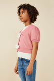 GY8419 Pink Girls Ribbed Knit Bow Detail Short Sleeve Open Top Side