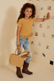 GY8429 Mustard Girls Fringed Tassel Hem Textured Knit Top Pose