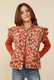 Padded Floral Print Ruffled Corduroy Vest