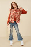 GY8435 Rust Girls Padded Floral Print Ruffled Corduroy Vest Pose